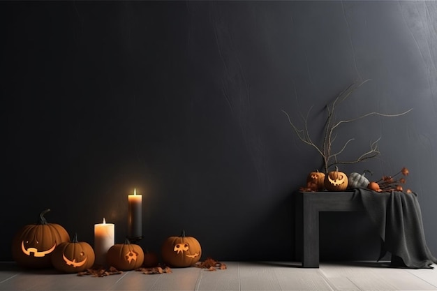 A halloween pumpkins are set up in front of a dark wall.