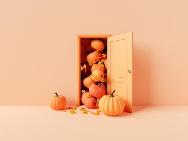 Halloween pumpkins and autumn leaves at doorway in pink room