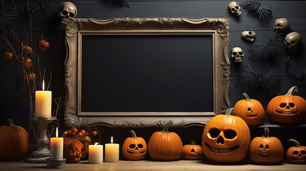 Halloween pumpkins background with frame on wall with halloween decorations mockup AI Generated