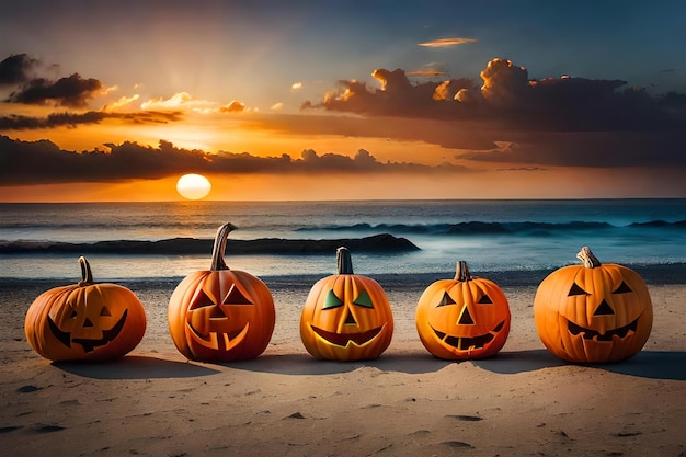 Halloween pumpkins on a beach with a sunset in the background