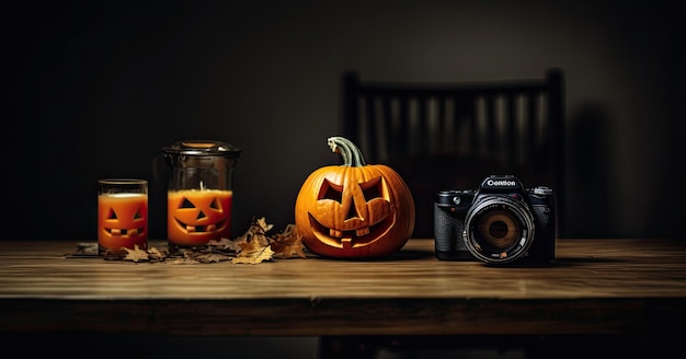 Halloween pumpkins and camera on wooden table with copy space