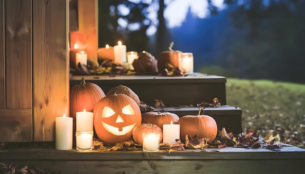 Halloween pumpkins candles and autumn leaves sits on a porch