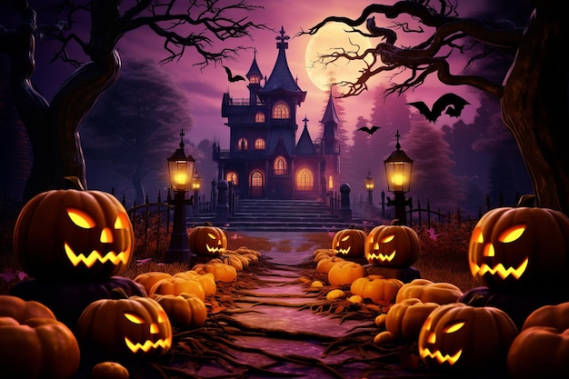 Halloween pumpkins and castle spooky in night of full moon