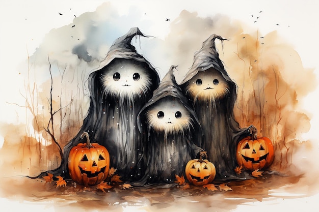 Halloween pumpkins and cat in ghost costume on watercolor ilustration