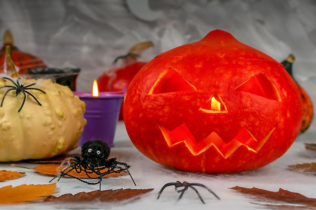 Halloween pumpkins close-up with spiders, candles, pumpkins.