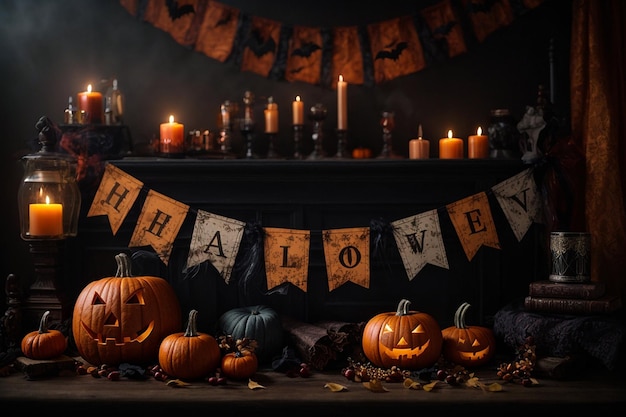 Halloween pumpkins on dark background image created by artificial intelligence and later modified