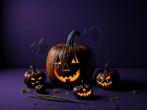 Halloween pumpkins on a dark background with creepy pumpkins of spooky Halloween