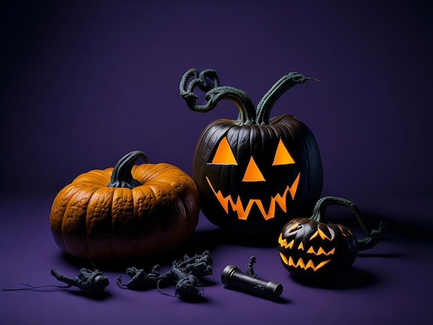 Halloween pumpkins on a dark background with creepy pumpkins of spooky Halloween