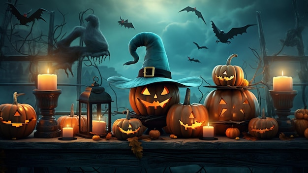 Halloween pumpkins and dark castle In the graveyard on blue Moon background in the spooky night Halloween Backdrop