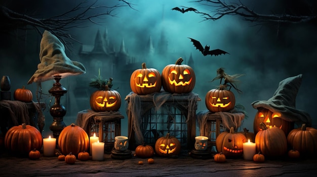 Halloween pumpkins and dark castle In the graveyard on blue Moon background in the spooky night Halloween Backdrop