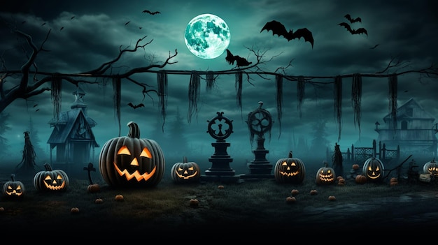 Halloween pumpkins and dark castle In the graveyard on blue Moon background in the spooky night Halloween Backdrop