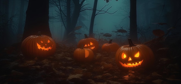 Halloween pumpkins in a dark forest with a bunch of fish in the background