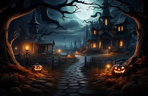 Halloween pumpkins in a dark forest with dark castle in the background