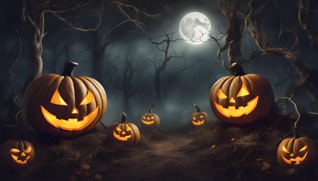 halloween pumpkins in a dark forest with full moon behind them