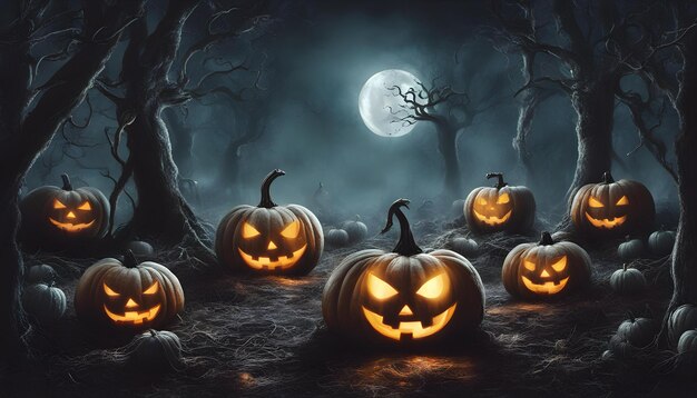 halloween pumpkins in a dark forest with a full moon behind them