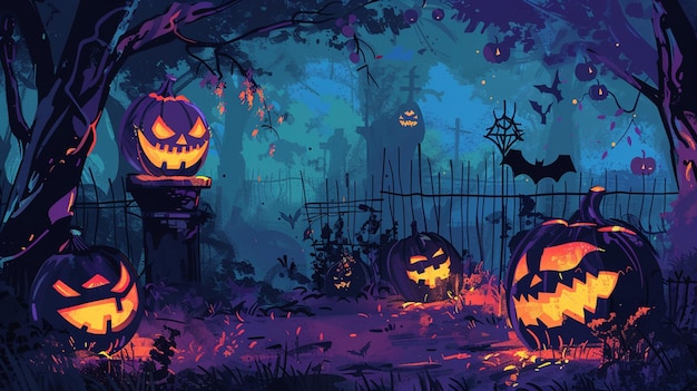 halloween pumpkins in a dark forest with a spooky scene