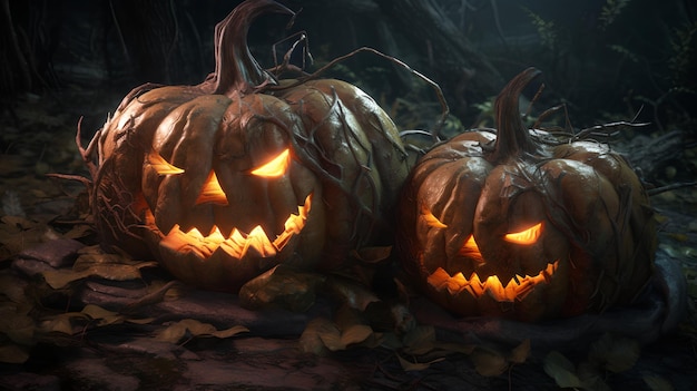 A halloween pumpkins in a dark forest