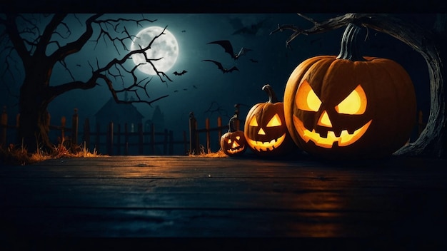 halloween pumpkins in a dark night with bats flying around