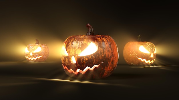 Halloween pumpkins in dark with depth of field blur effect. 3d illustration, suitable for halloween themes.