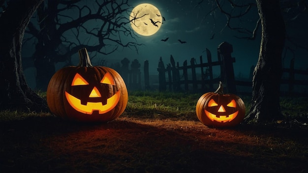 halloween pumpkins in the dark with a full moon behind them