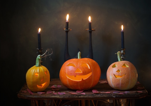 Halloween pumpkins on dark