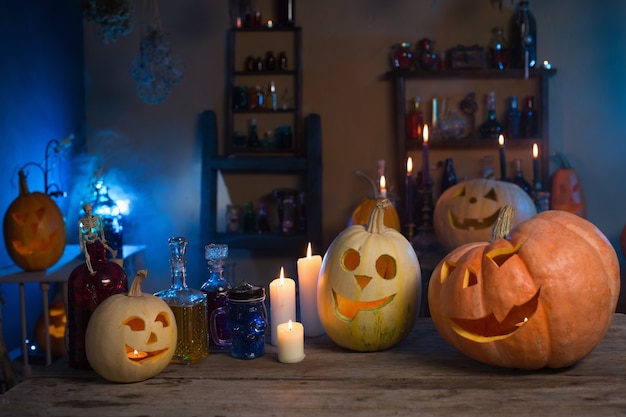 Halloween pumpkins and decoration indoor