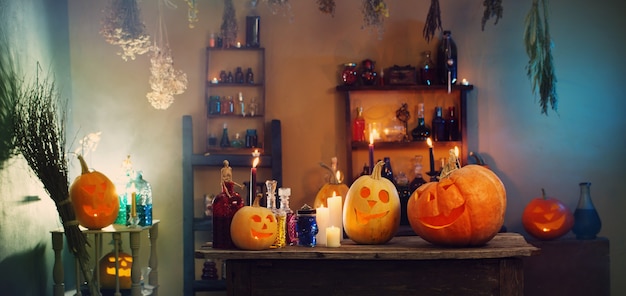 Halloween pumpkins and decoration indoor