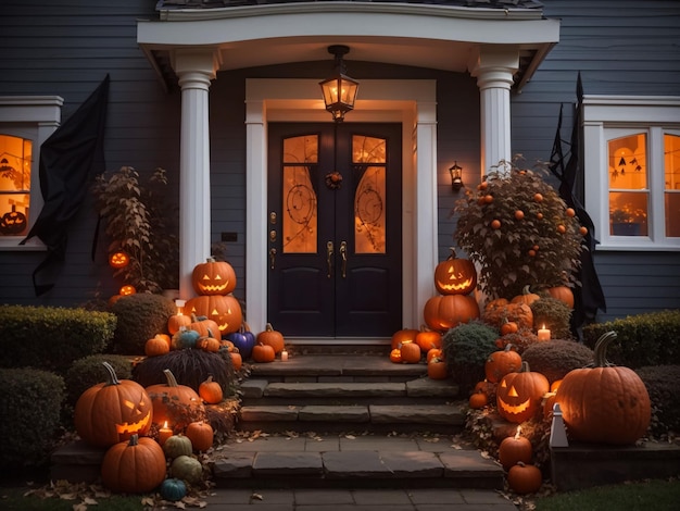 Halloween pumpkins and decorations outside a house