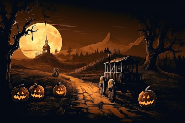 Halloween pumpkins on farm wagon going through generative ai