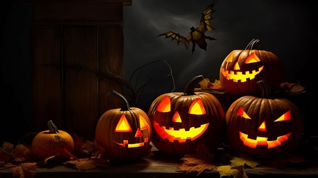 Halloween pumpkins in front of a house with a bat flying in the background.