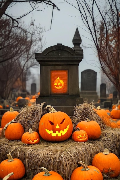 Halloween pumpkins on a grave with a tombstone in the background