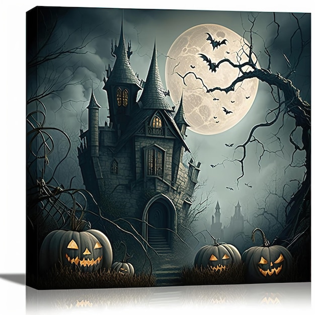 Halloween Pumpkins In Graveyard A Spooky Forest At Night Witch Haunted House Ai Generated