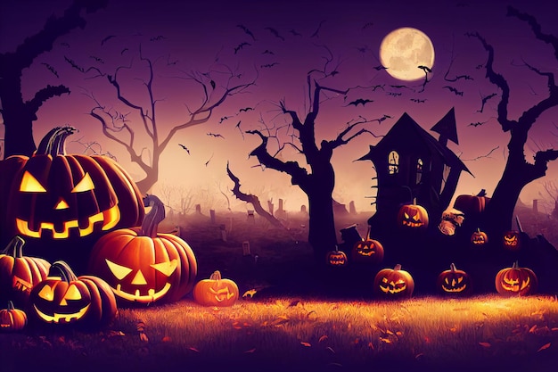 Halloween pumpkins in graveyard on the spooky Night Halloween background concept