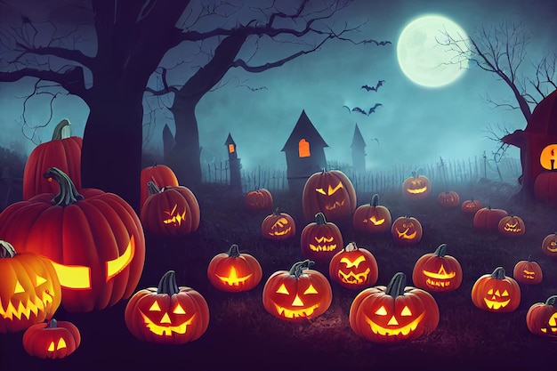 Halloween pumpkins in graveyard on the spooky Night. Halloween background concept.