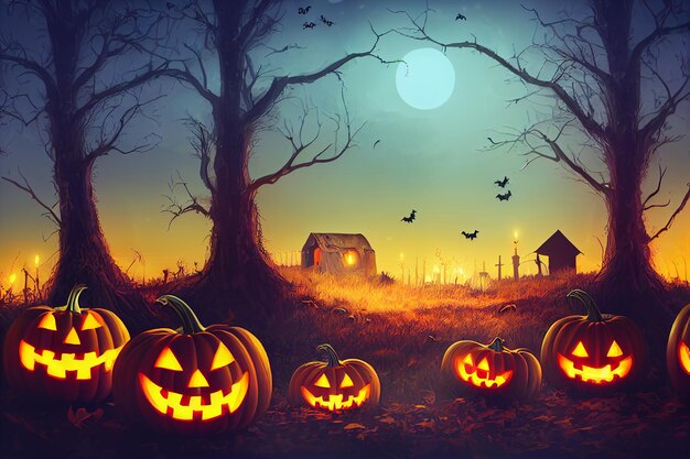 Halloween pumpkins in graveyard on the spooky Night. Halloween background concept.