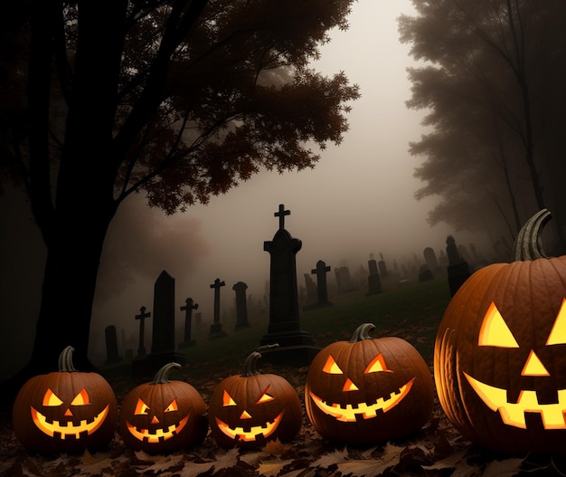 Halloween pumpkins in a graveyard with a graveyard in the background