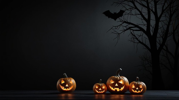 Photo halloween pumpkins hanging on a rope with bats hanging from the ceiling