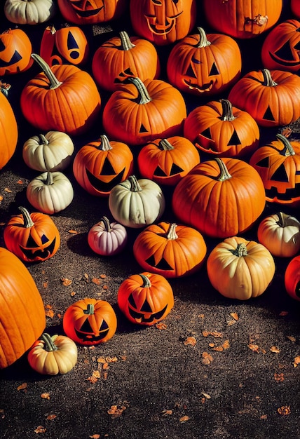 Halloween pumpkins lying on the ground carved faces