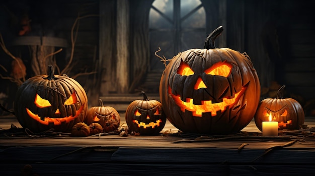 Halloween pumpkins on old wooden table