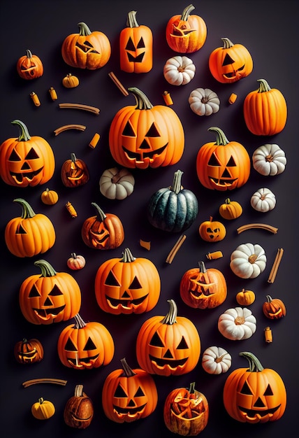 Halloween pumpkins pattern white and orange pumpkins lying on the surface