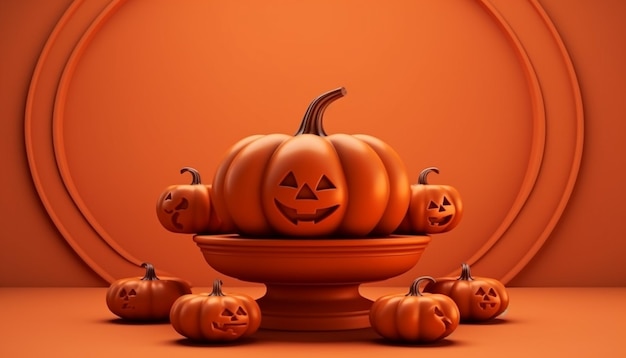 A halloween pumpkins on a pedestal with a bowl of pumpkins on the top.