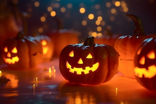 Halloween pumpkins in a row with lights in the background