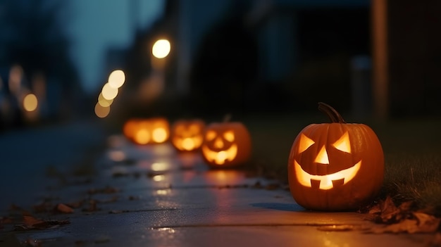 Halloween pumpkins on a sidewalk in front of a dark night