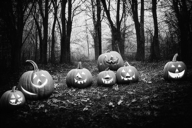 Photo halloween pumpkins in a spooky forest at night 3d illustration