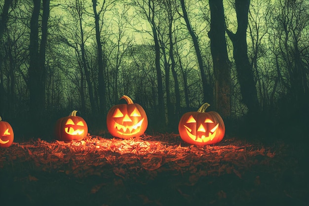 Halloween Pumpkins In A Spooky Forest At Night 3D illustration