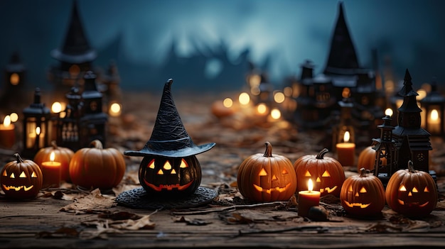 Halloween pumpkins in spooky forest at night 3D rendering