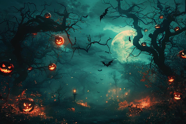 Halloween pumpkins in a spooky forest with a full moon in the background