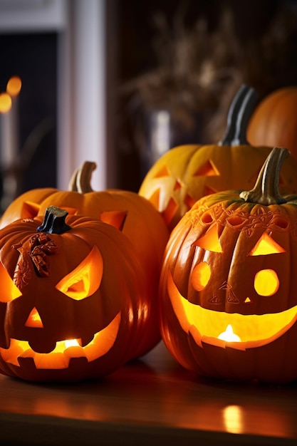 Halloween pumpkins on a table with candles in the background