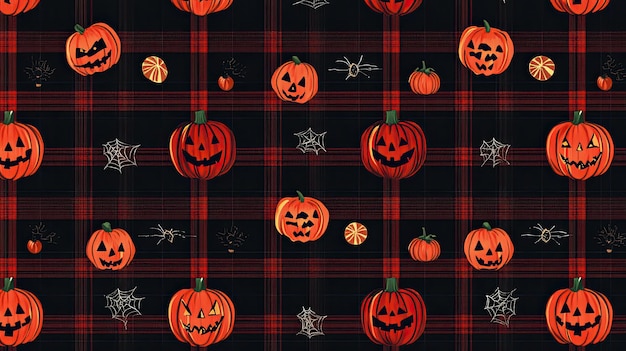 Photo halloween pumpkins on a tartan tartan cloth