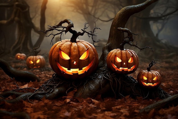 Halloween pumpkins on a tree in a spooky forest at night Generative AI